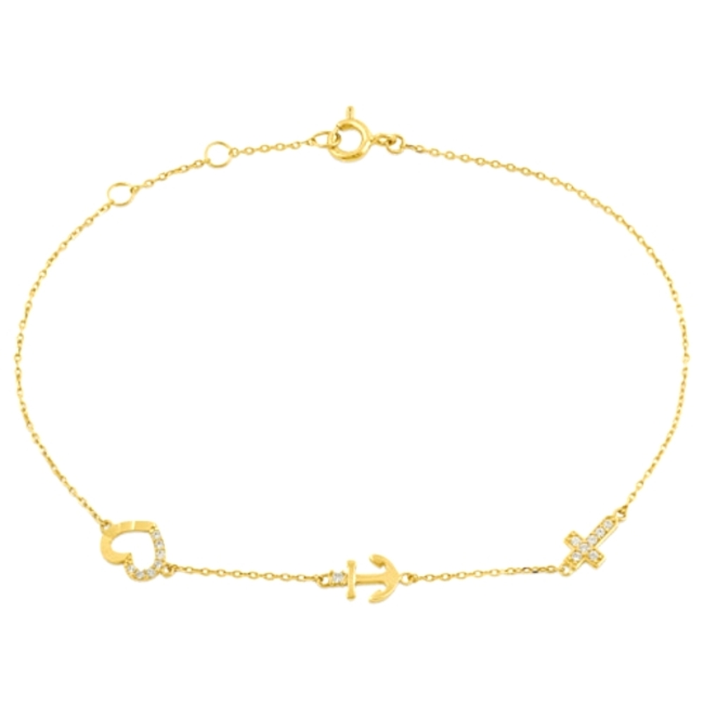 Solid 14K Yellow Gold CZ Heart, Anchor, and Cross Charm Bracelet